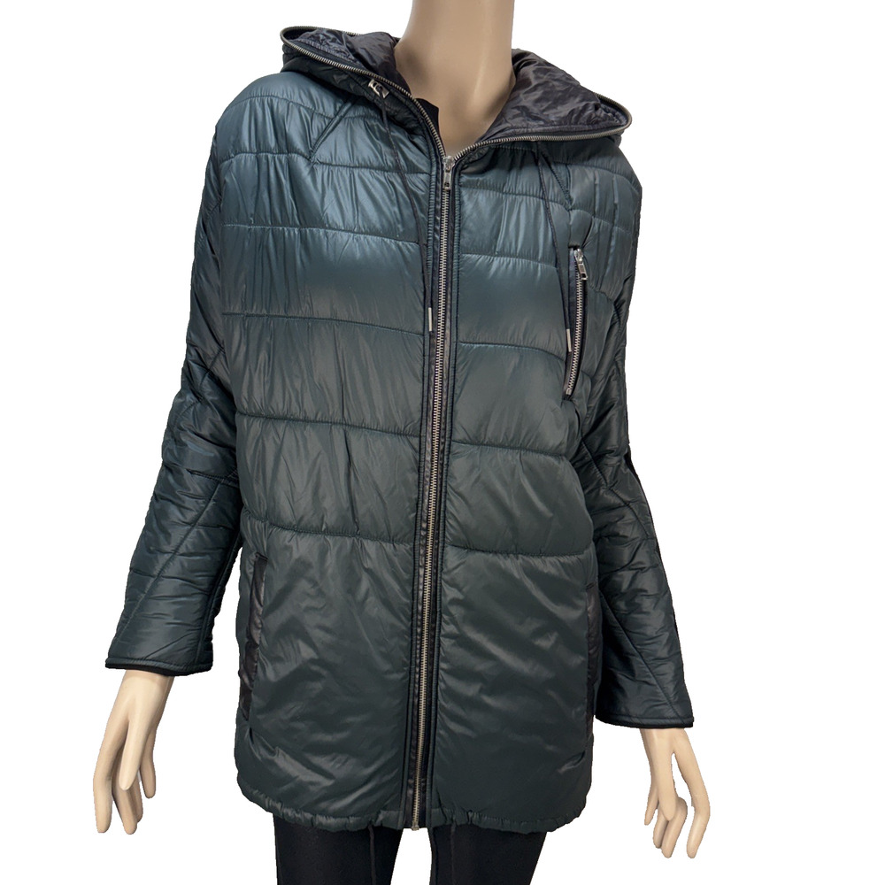 Maje Women Gissi Mid Length Puffer Coat Jacket Size S Deep Green Hooded Full Zip